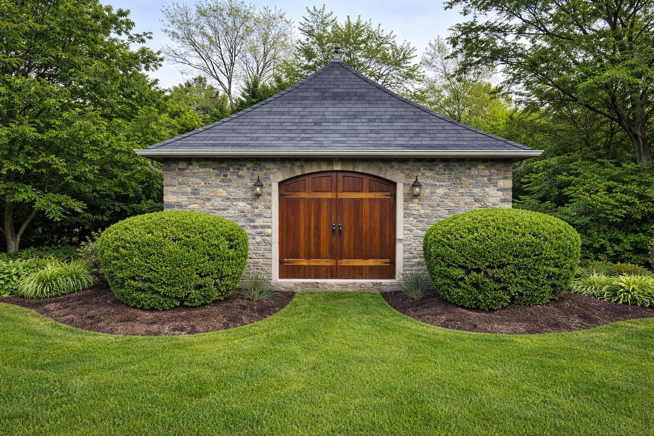 Stone pumphouse with refinished wood doors